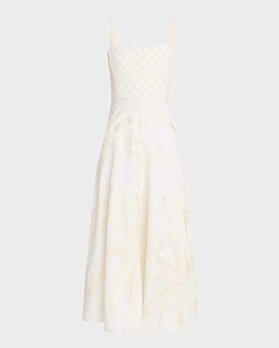 Anabel Palm Embroidered Linen Midi Dress